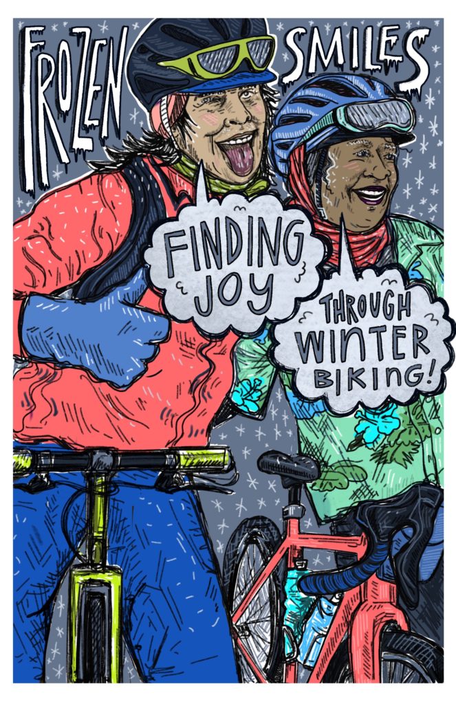 [Icy text "Frozen Smiles" above two people in colorful clothing, giving a thumbs up while next to their bikes. Snowflakes in the background.]
