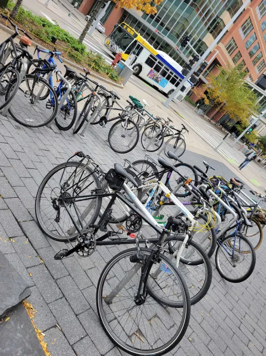 Row of bike racks outside the library full of bikes.
